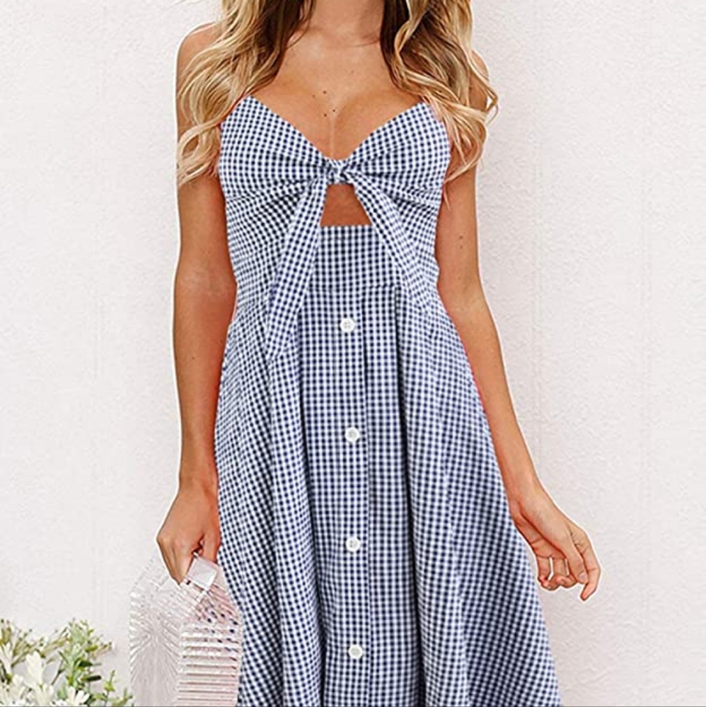 Plaid/Gingham Blue Tie-front Cut-Out Midi Dress